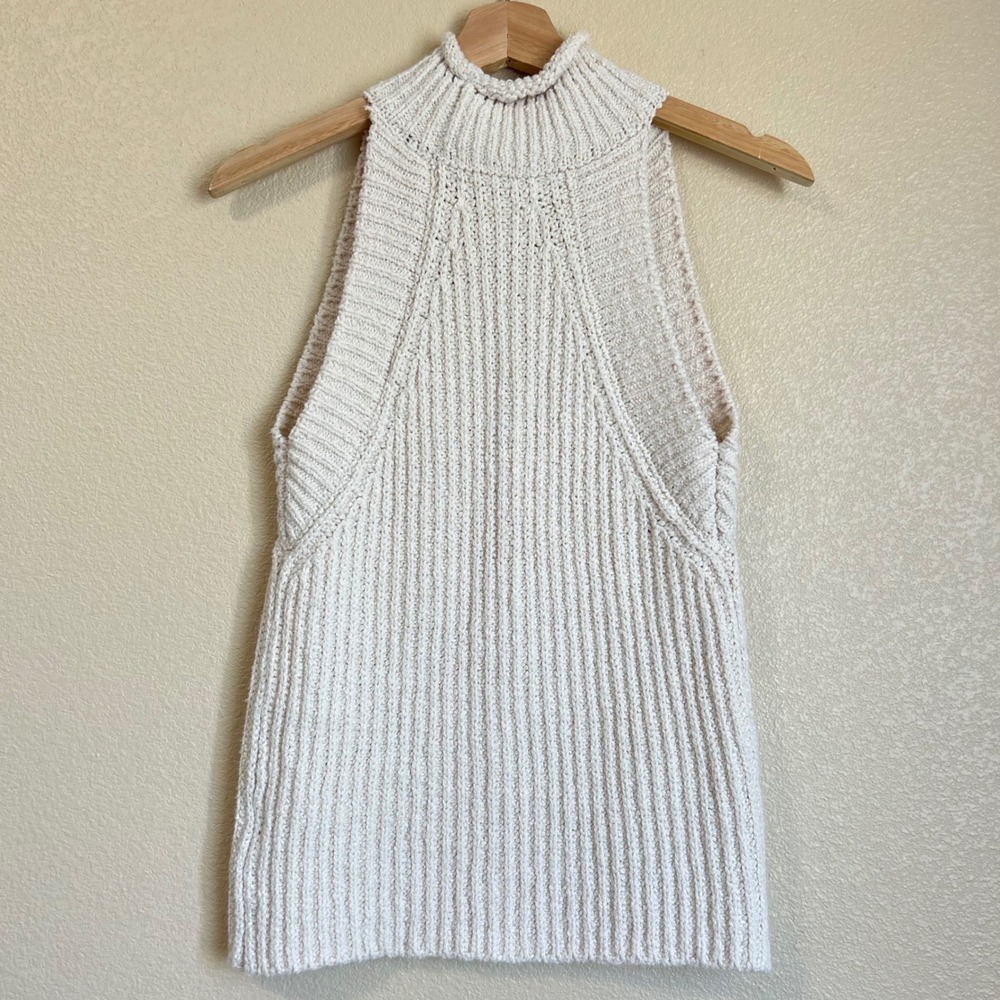 Anthropologie Ivory Ribbed Mock Neck Sleeveless Sweater Tank Top XS Knit cottage - Picture 2 of 9